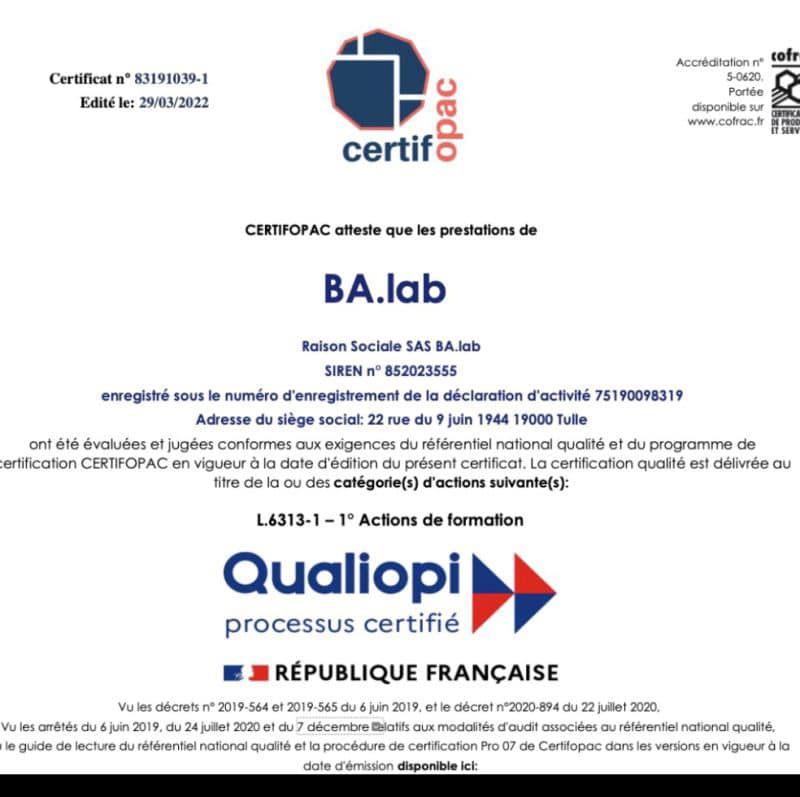 Certification QualiopÃ® | BA.lab, organisme de formation en Business Analyse